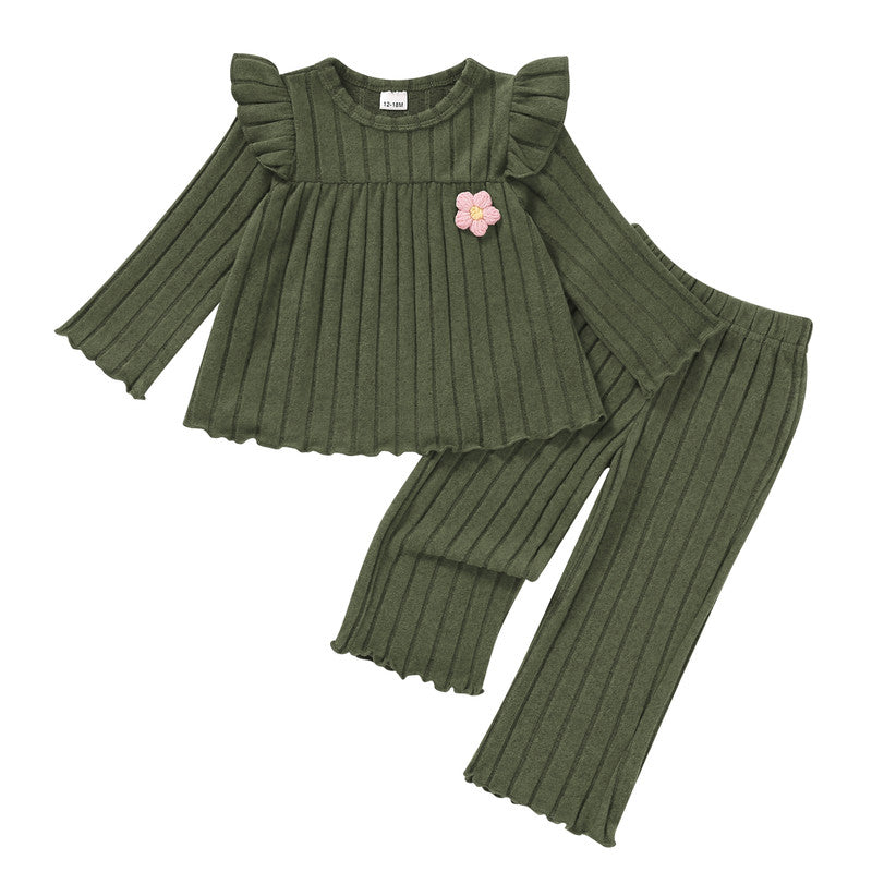 Happy Town Toddler Girl Fall Winter Outfits Ruffle Ribbed Knit Sweatshirt Pants 2-Piece Set Floral Sweatsuit for Girl