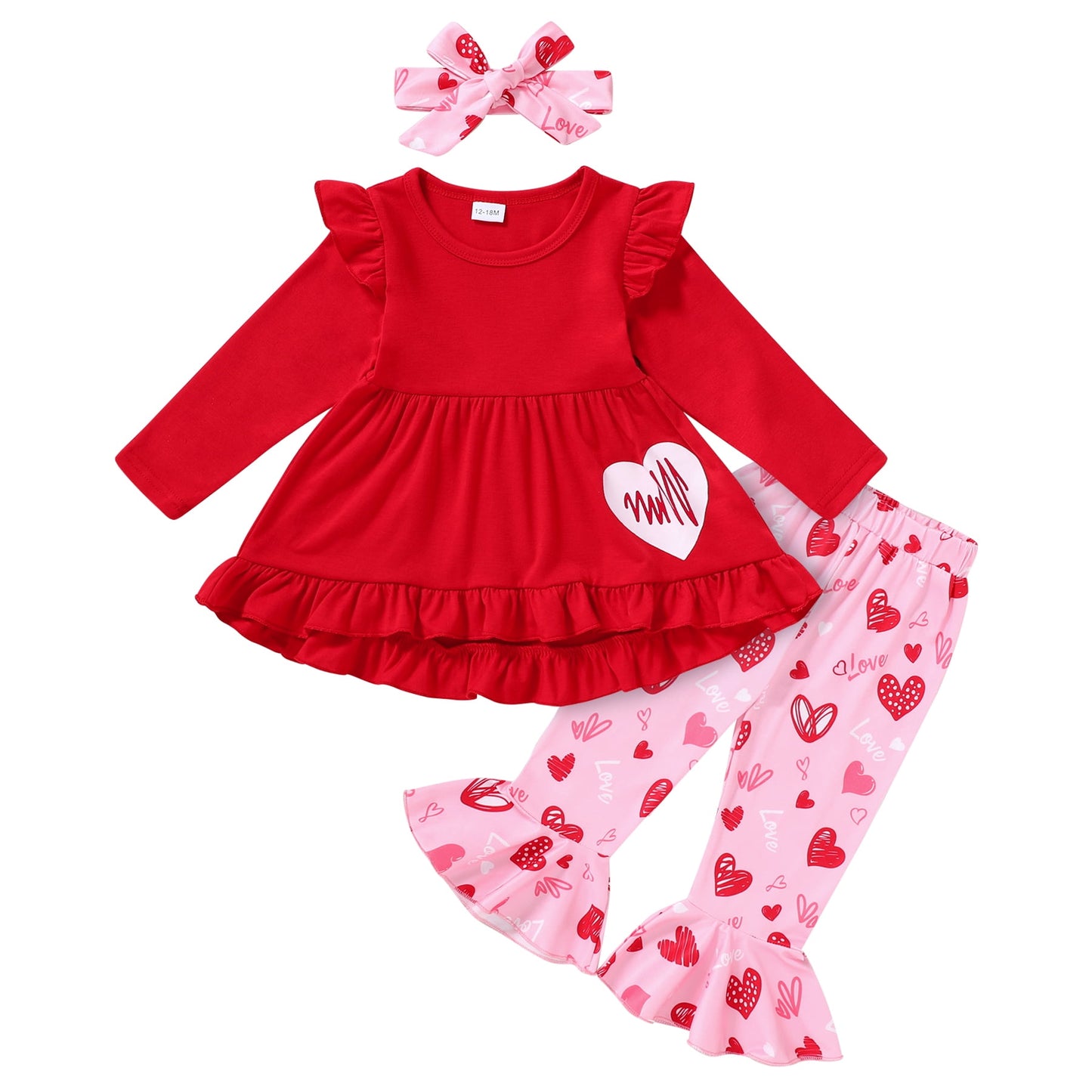 Younger Tree Valentine's Day Outfit Toddler Baby Girl Long Sleeve Dress Heart Print Pants Set with Headband