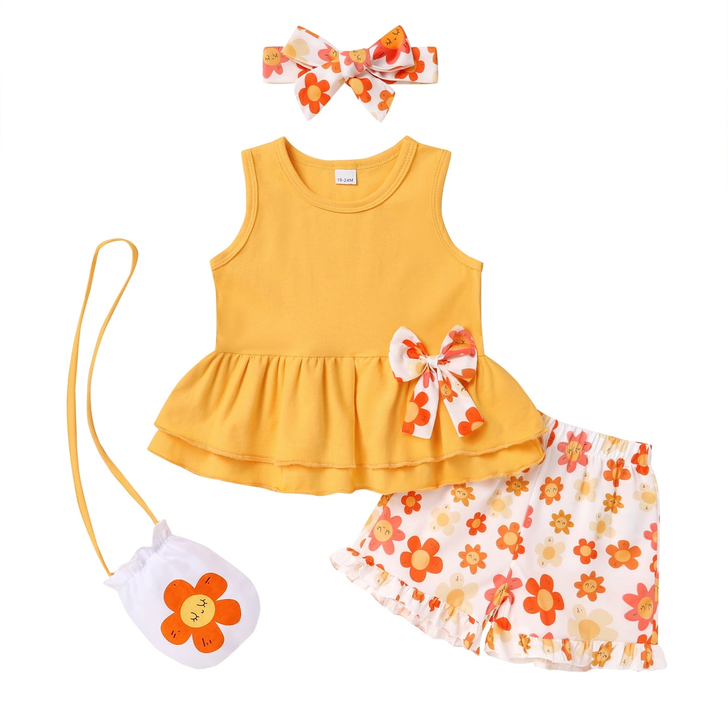 Younger Tree Baby Girl Outfits Summer Sleeveless Bow Vest Top Print Shorts Clothes Set with Bag and Headband12-18 Months