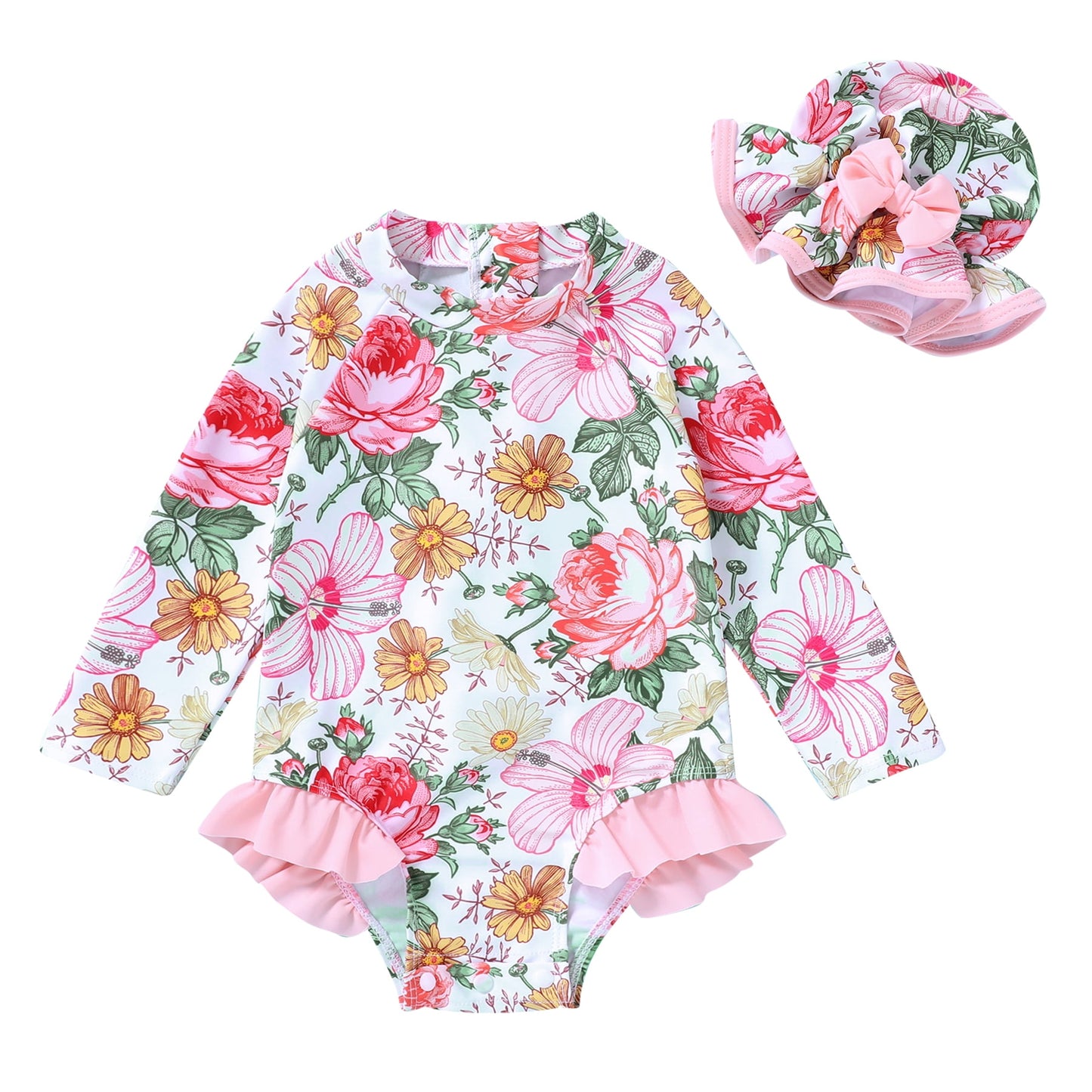 Younger Tree Baby Girl Swimsuit Long Sleeve Rash Guard One Piece Swimwear Hat Bathing Suit Set