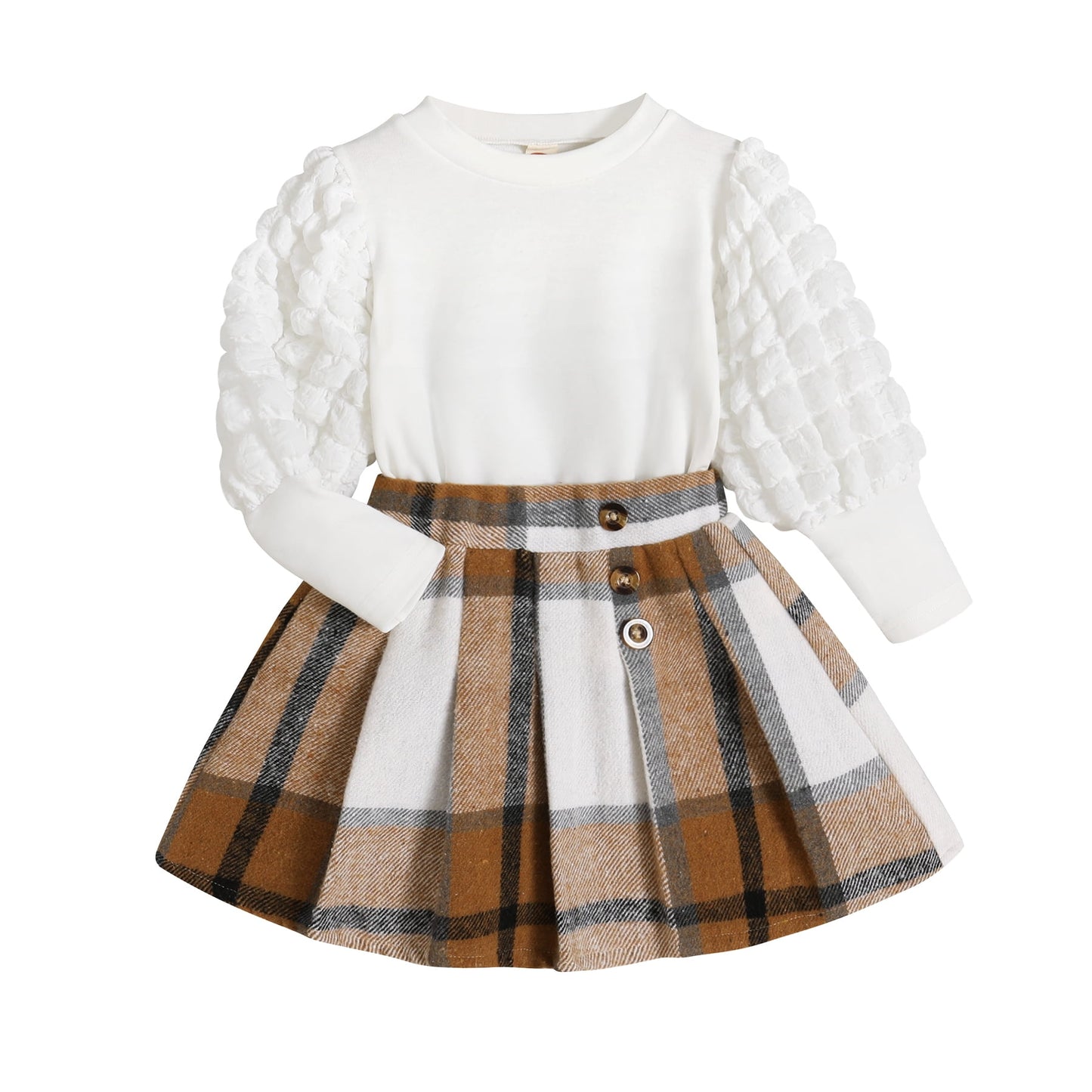 Younger Tree Little Girl Fall Winter Outfits Baby Puff Sleeve Sweater Woolen Plaid Pleated Skirt Clothes Set