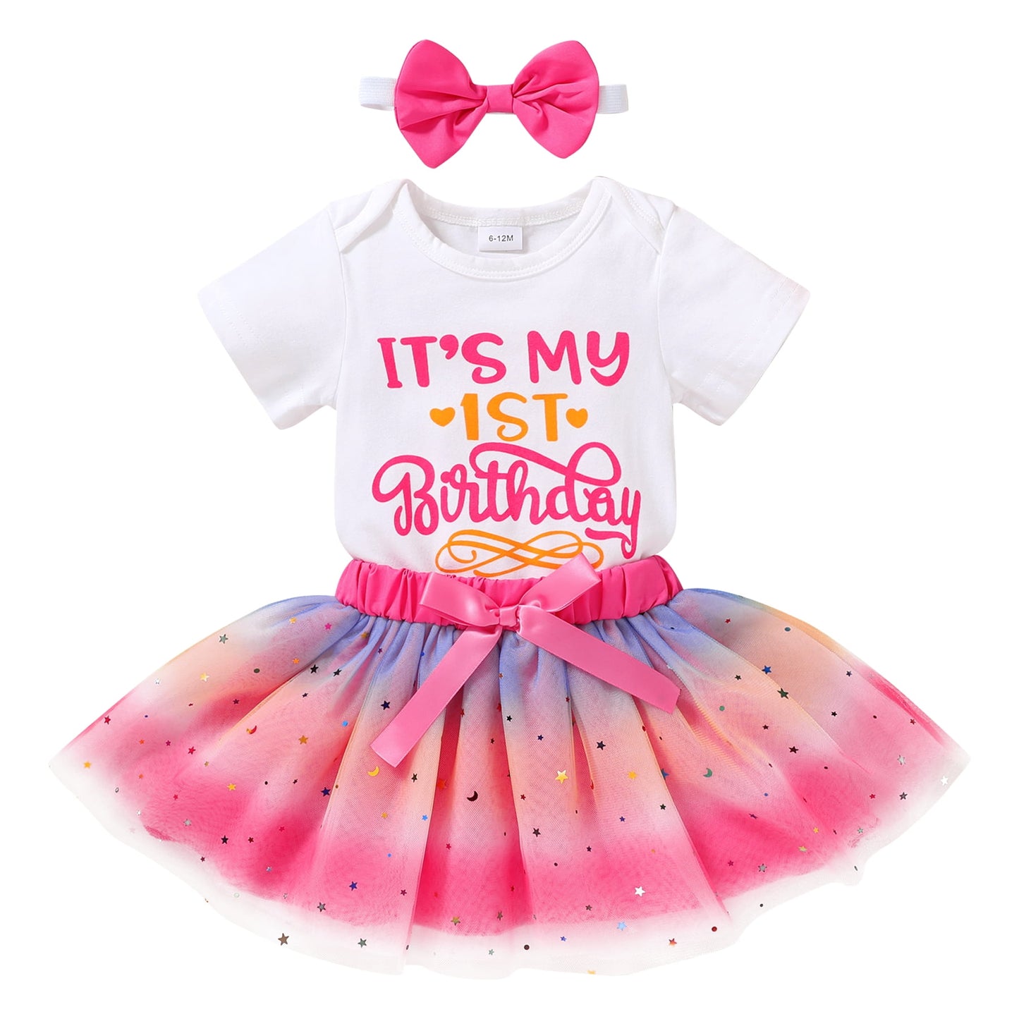 Younger Tree Newborn Baby Girls My 1st Birthday Dress Infant Pink Shiny Printed Sequin Bowknot Tutu Princess Dress