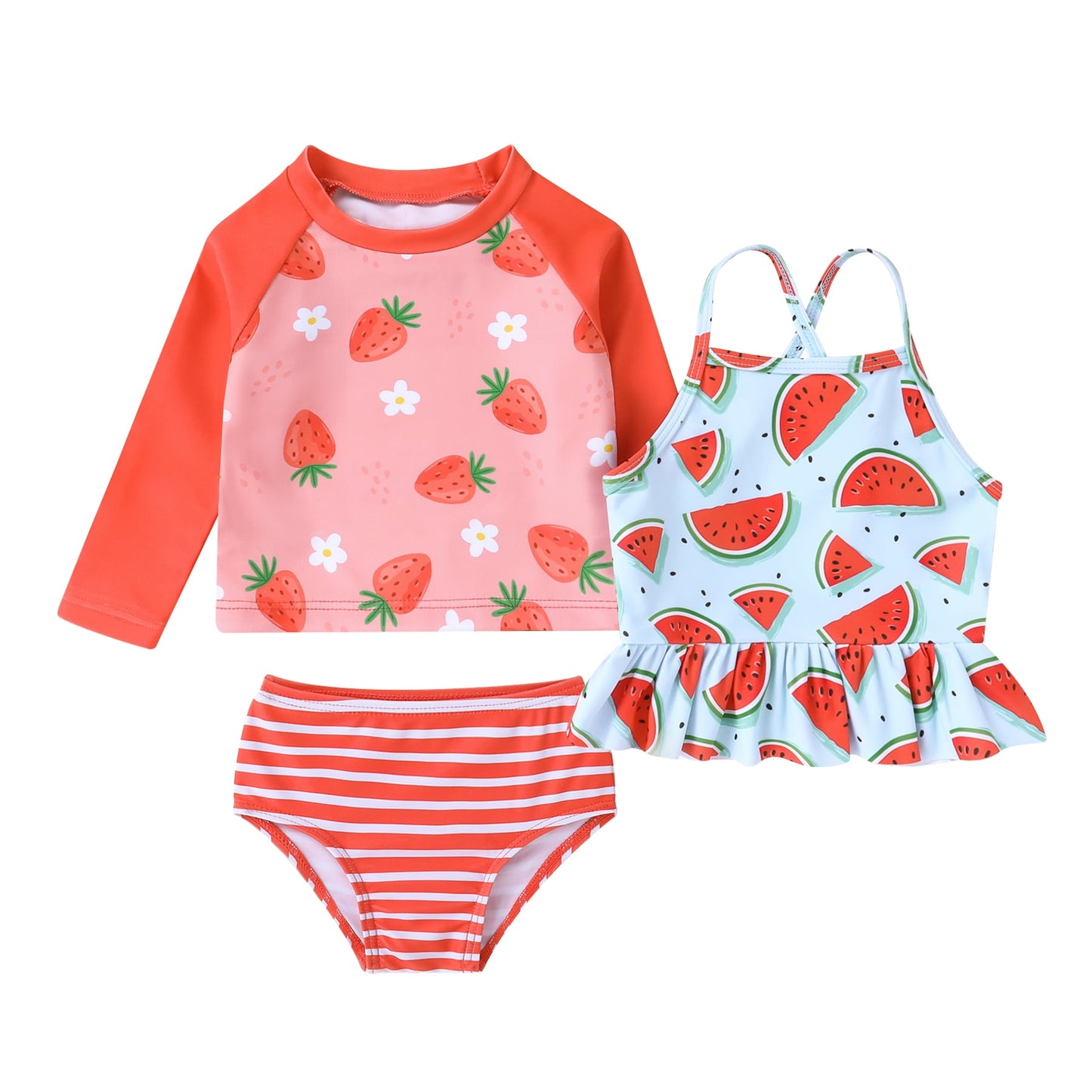 Younger Tree Girl 3-Piece Rashguard Swimsuit Set Baby Cute Long Sleeve Top Sling Vest Bikini Swim Suits9-12 Months