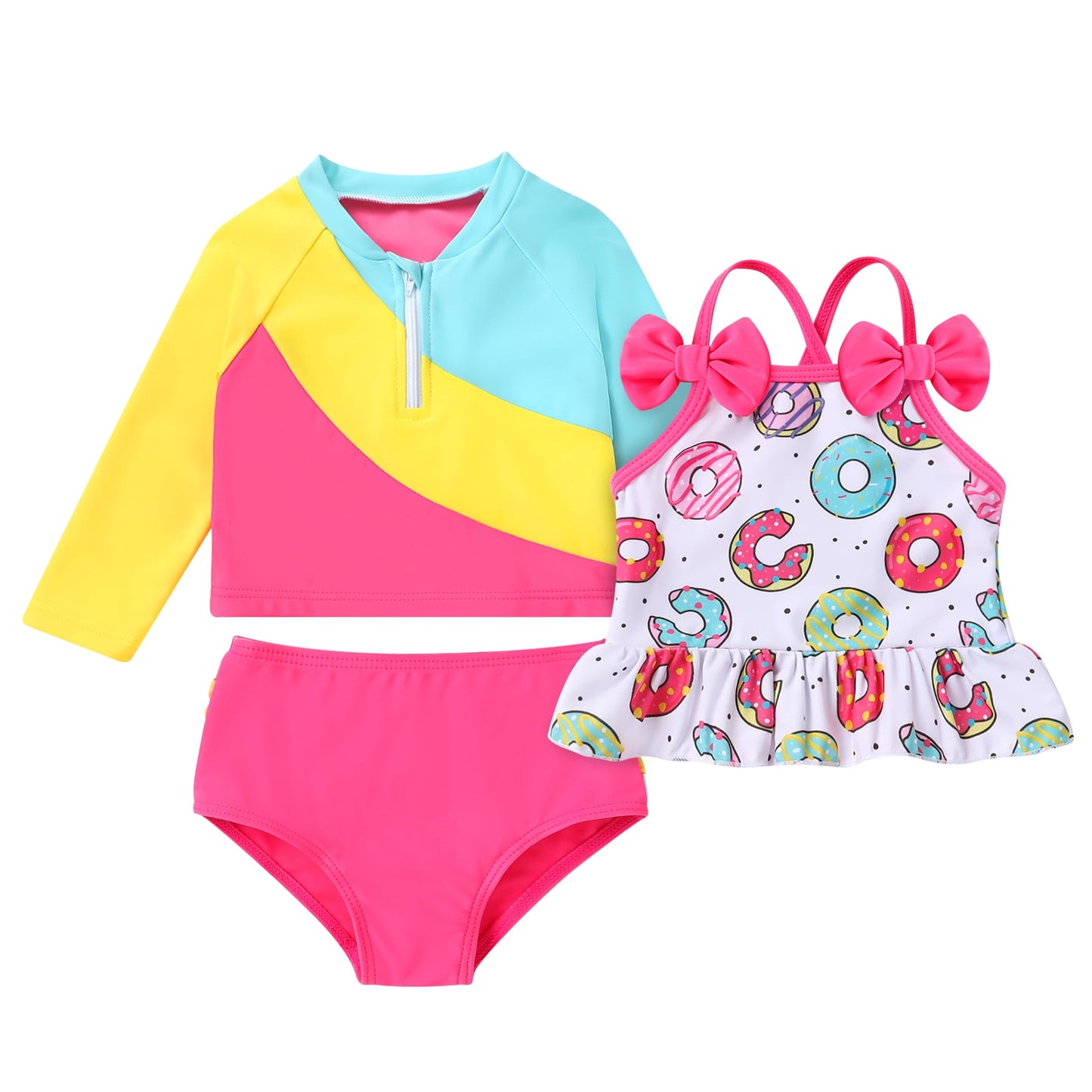 Tiny Cutey Toddler Girl Swimsuit Baby Long Sleeve Rashguard Top and Tankini Bathing Suit 3 Piece Set