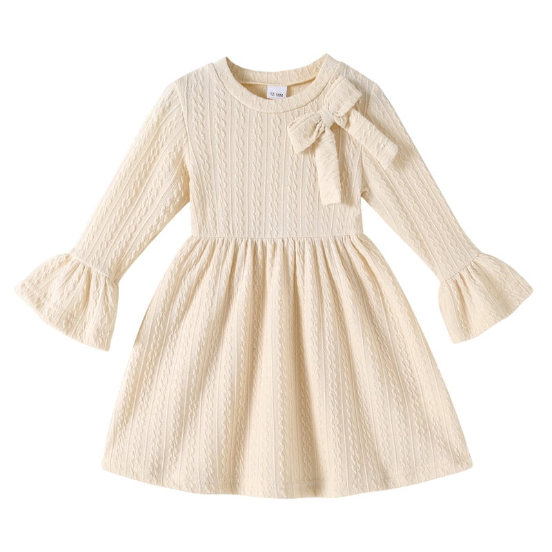 Happy Town Toddler Girls Fall Winter A?Line Long Sleeve Dress Bow Ruffle Cuffs Party Dress for Little Kids