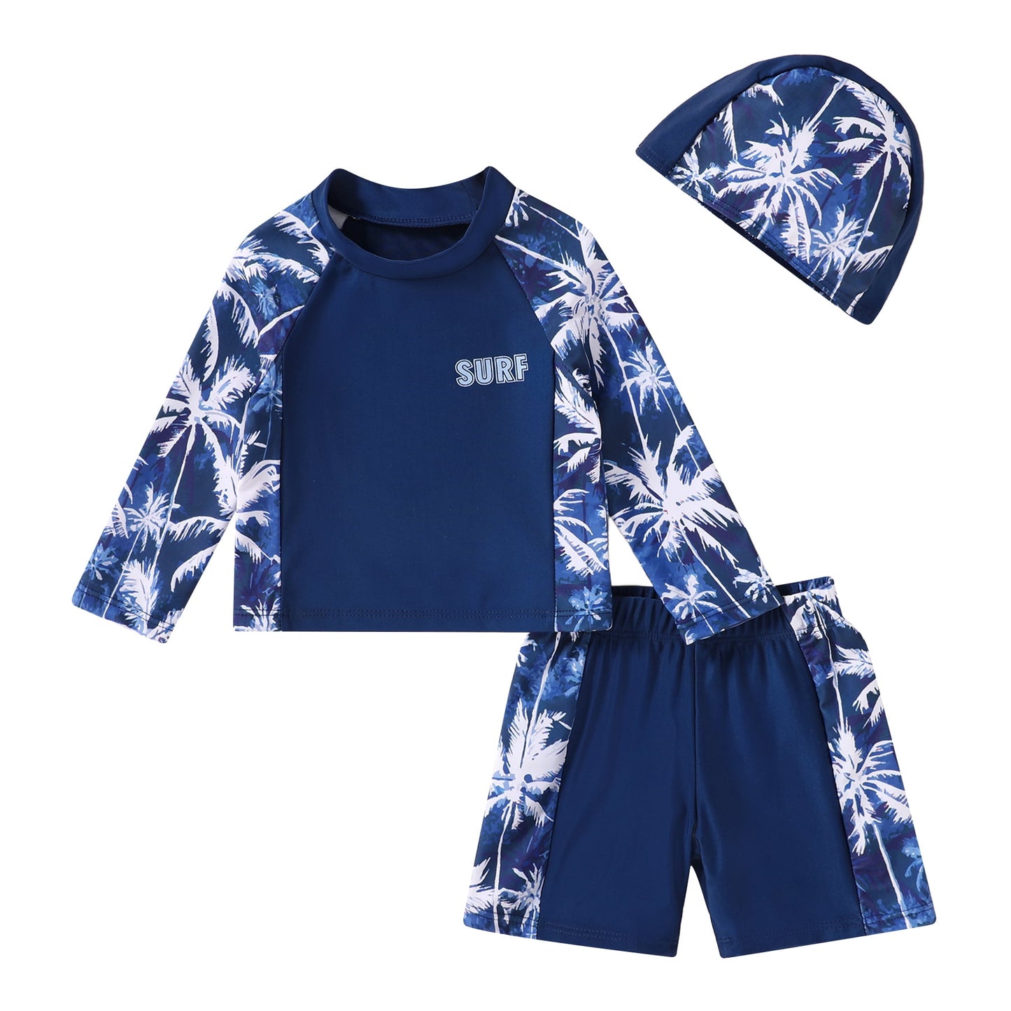 Tiny Cutey Toddler Boys Swimsuit Baby Long Sleeve Top Shorts Trunks Bathing Suit Set Swimwear Outfit with Hat