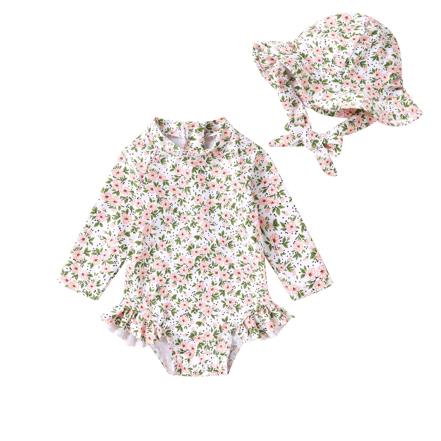 Younger Tree Infant Baby Girl One-Piece Swimsuit Long Sleeve Rash Guard Swimwear Hat Bathing Suit Set