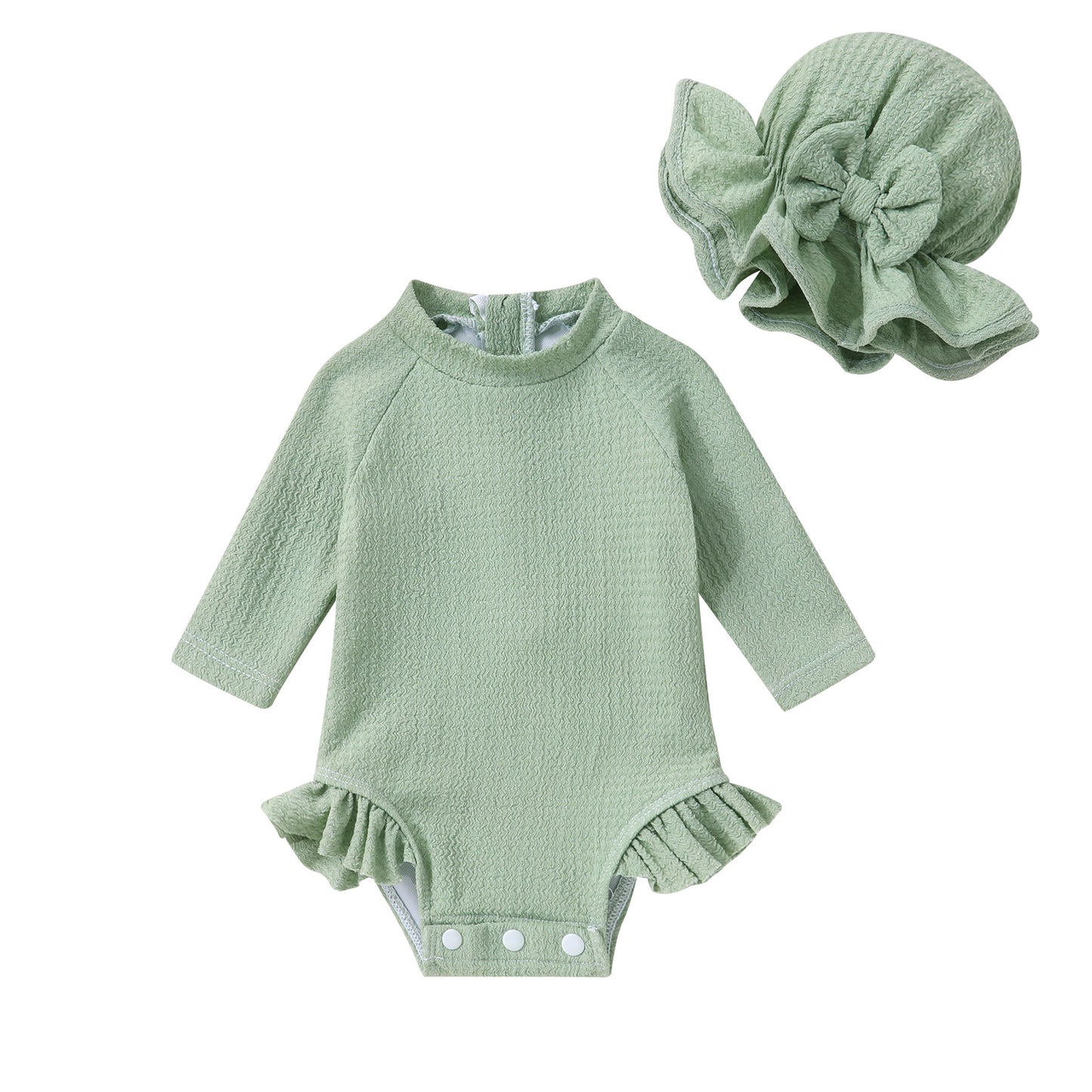 Happy Town Toddler Baby Girls Clothes 0-24M Summer Long Sleeve Zipper One-Piece Swimsuit + Hat Bathing Suit