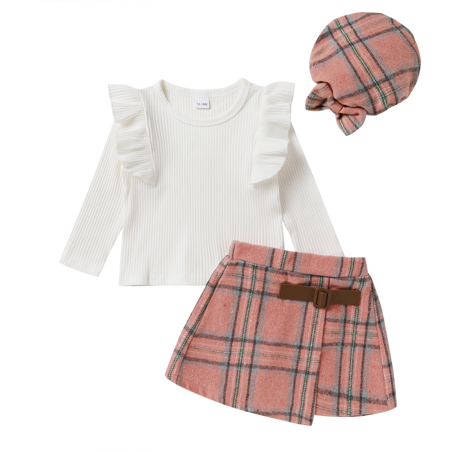 Happy Town Toddler Girl Fall Outfits Ruffle Top & Plaid Skirt with Hat 3-Piece Set,Size 12M-5T
