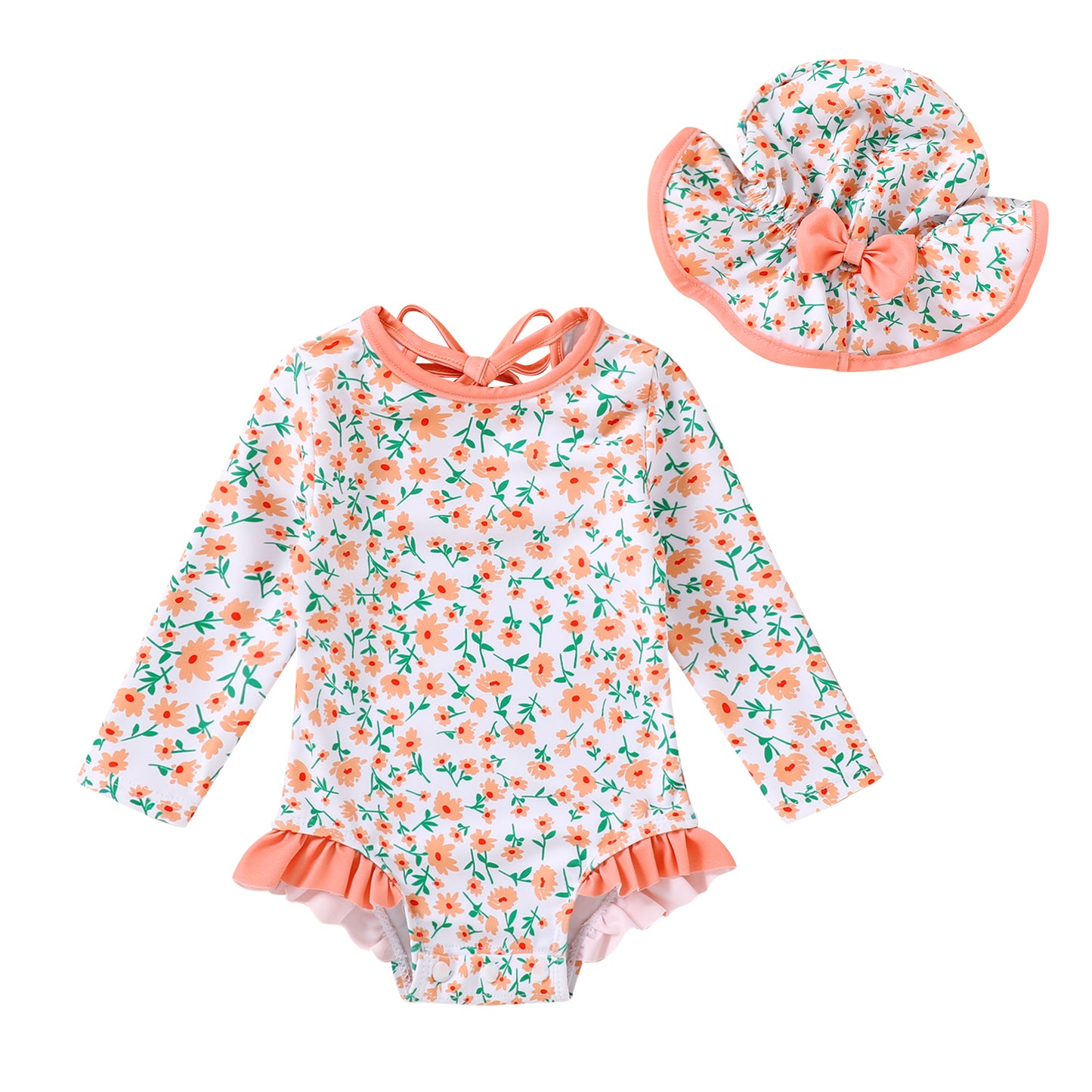 Happy Town Toddler Baby Girls Clothes 0-24M Summer Long Sleeve Zipper One-Piece Swimsuit + Hat Bathing Suit