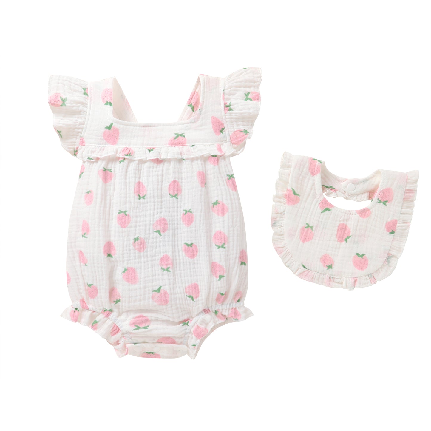 Happy Town Baby Girl Summer Clothes Infant Sleeveless Cotton Romper with Soft Bib Toddler Ruffled Jumpsuit Bodysuit