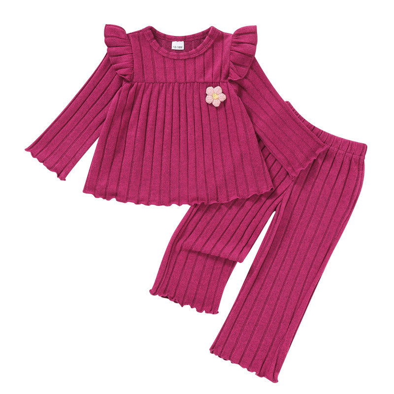 Happy Town Toddler Girl Fall Winter Outfits Ruffle Ribbed Knit Sweatshirt Pants 2-Piece Set Floral Sweatsuit for Girl