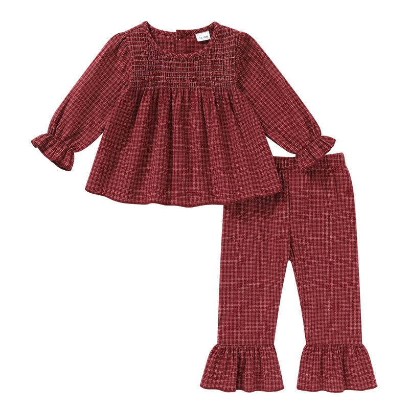 Happy Town Toddler Girl Fall Winter Outfits Smocked Puff Sleeve Top Ruffle Flare Pants Set Kids Casual Plaid 2-Piece Set
