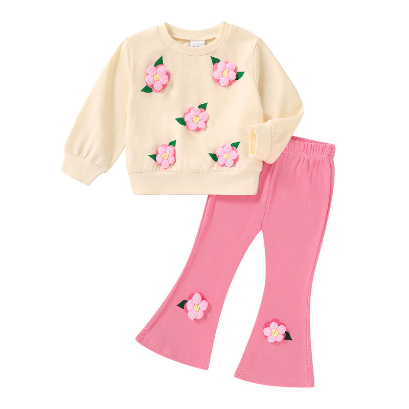 Happy Town Infant Baby Girl Long Sleeve Sweatshirt Flare Pants 2-Piece Set Fall Winter Toddler Girl Outfits