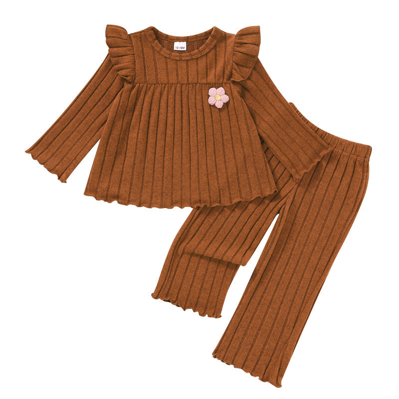 Happy Town Toddler Girl Fall Winter Outfits Ruffle Ribbed Knit Sweatshirt Pants 2-Piece Set Floral Sweatsuit for Girl
