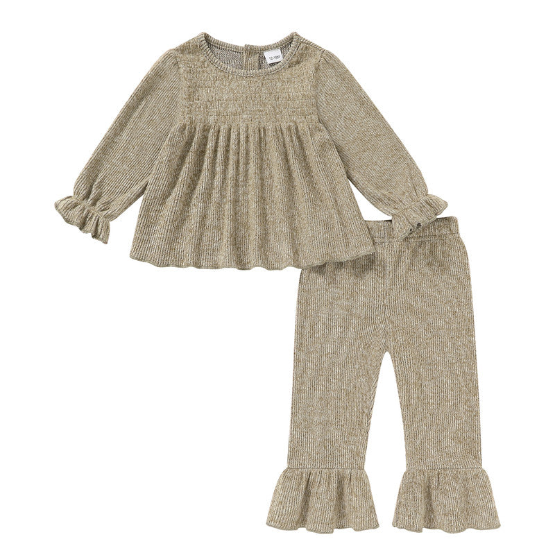 Happy Town Toddler Girl Fall Winter Outfits Smocked Puff Sleeve Top Ruffle Flare Pants Set Kids Casual Plaid 2-Piece Set