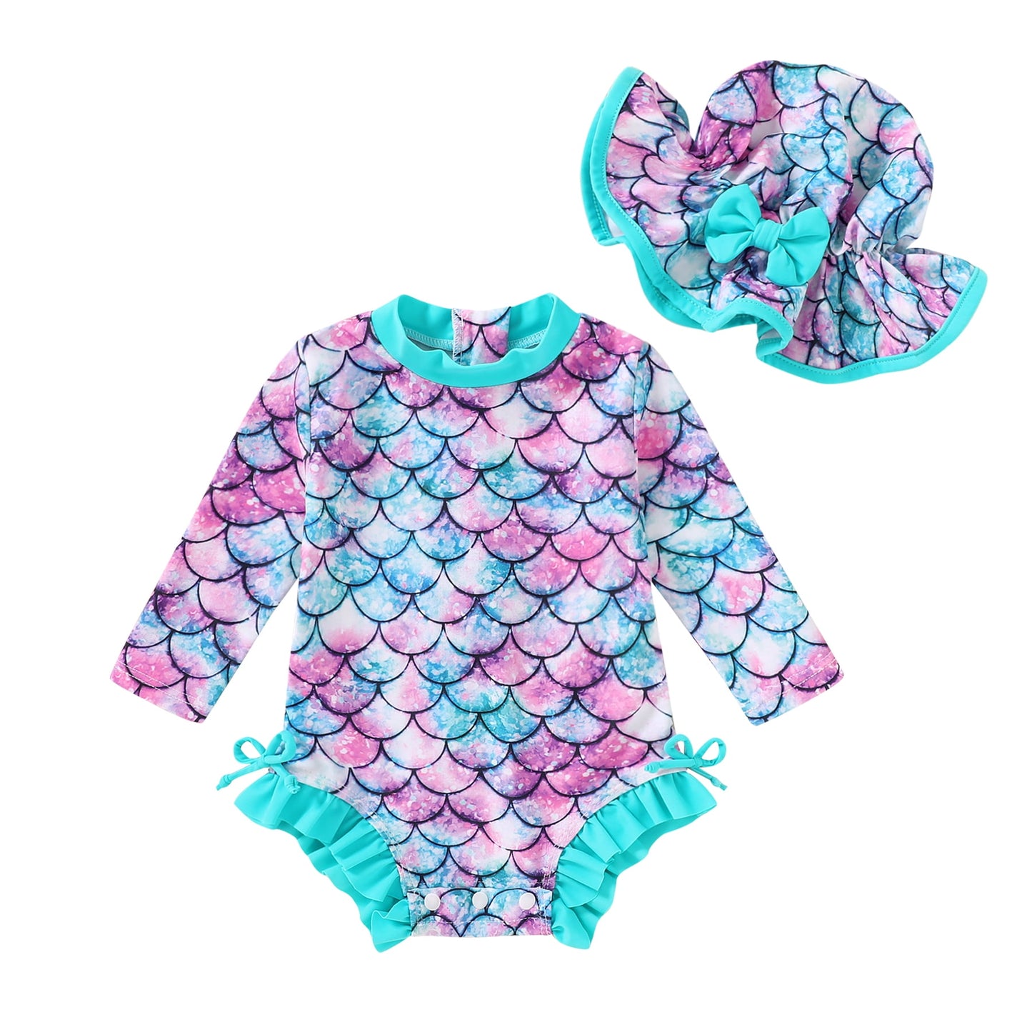 Tiny Cutey Toddler Girl Swimsuit Baby Long Sleeve One-Piece Rash Guard Bathing Suit with Hat