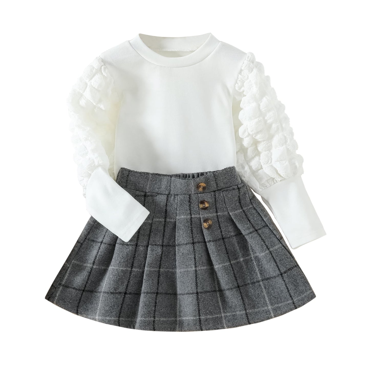 Younger Tree Little Girl Fall Winter Outfits Baby Puff Sleeve Sweater Woolen Plaid Pleated Skirt Clothes Set