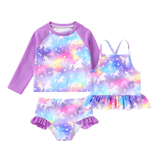 Younger Tree Girl 3-Piece Rashguard Swimsuit Set Baby Cute Long Sleeve Top Sling Vest Bikini Swim Suits9-12 Months