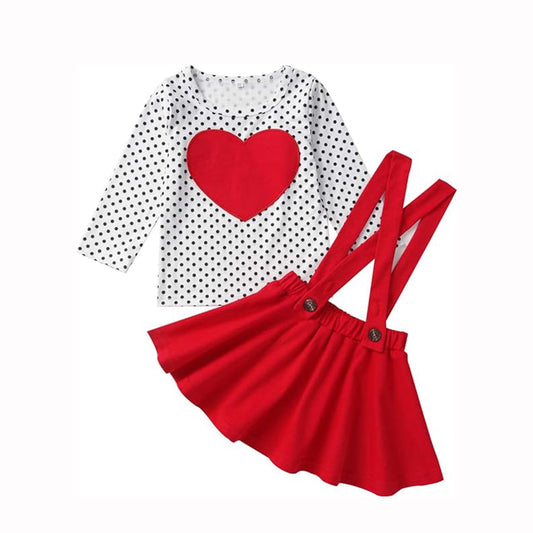 Younger Tree Toddler Baby Girl Valentine's Day Clothes Outfit Long Sleeve Dot Heart Shirt Top Suspender Strap Red Skirts Set