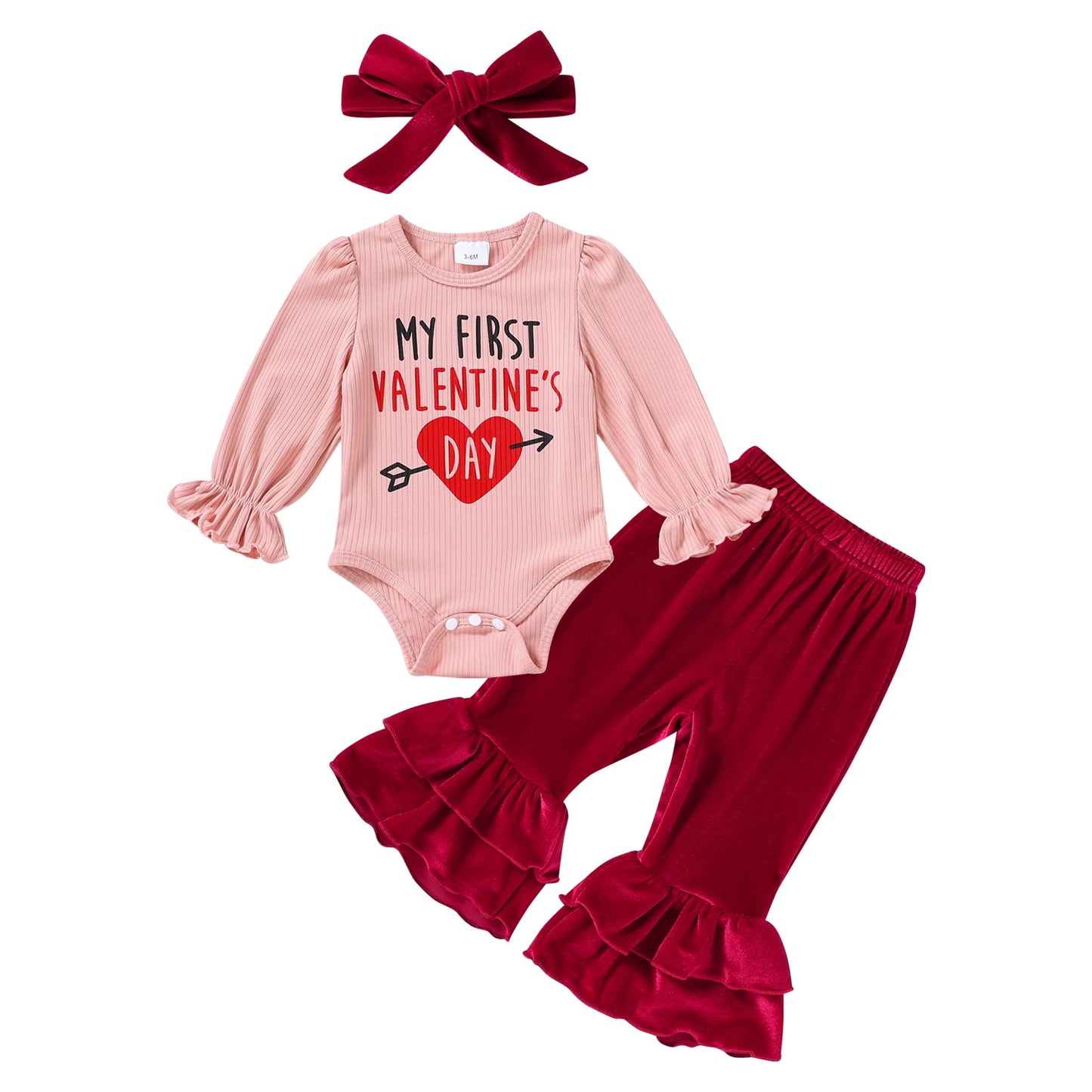 Younger Tree My First Valentine's Day Outfit Toddler Baby Girl Long Sleeve Romper Solid Pants Set with Headband