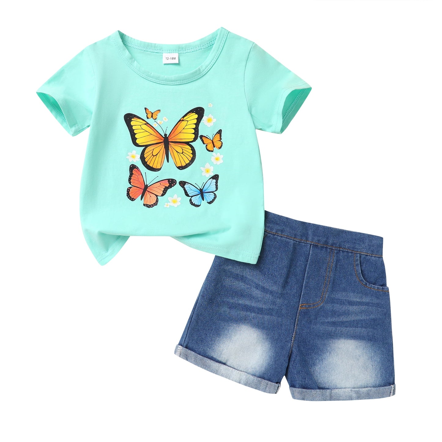 Younger Tree Baby Girl Shorts Outfit Kid Summer Print T-Shirt Denim Shorts Clothes Set