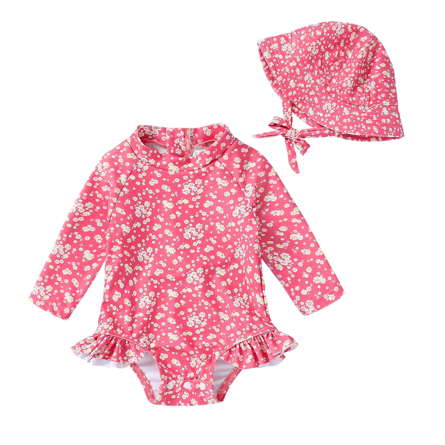 Younger Tree Baby Girl Swimsuit Long Sleeve Rash Guard One Piece Swimwear Hat Bathing Suit Set