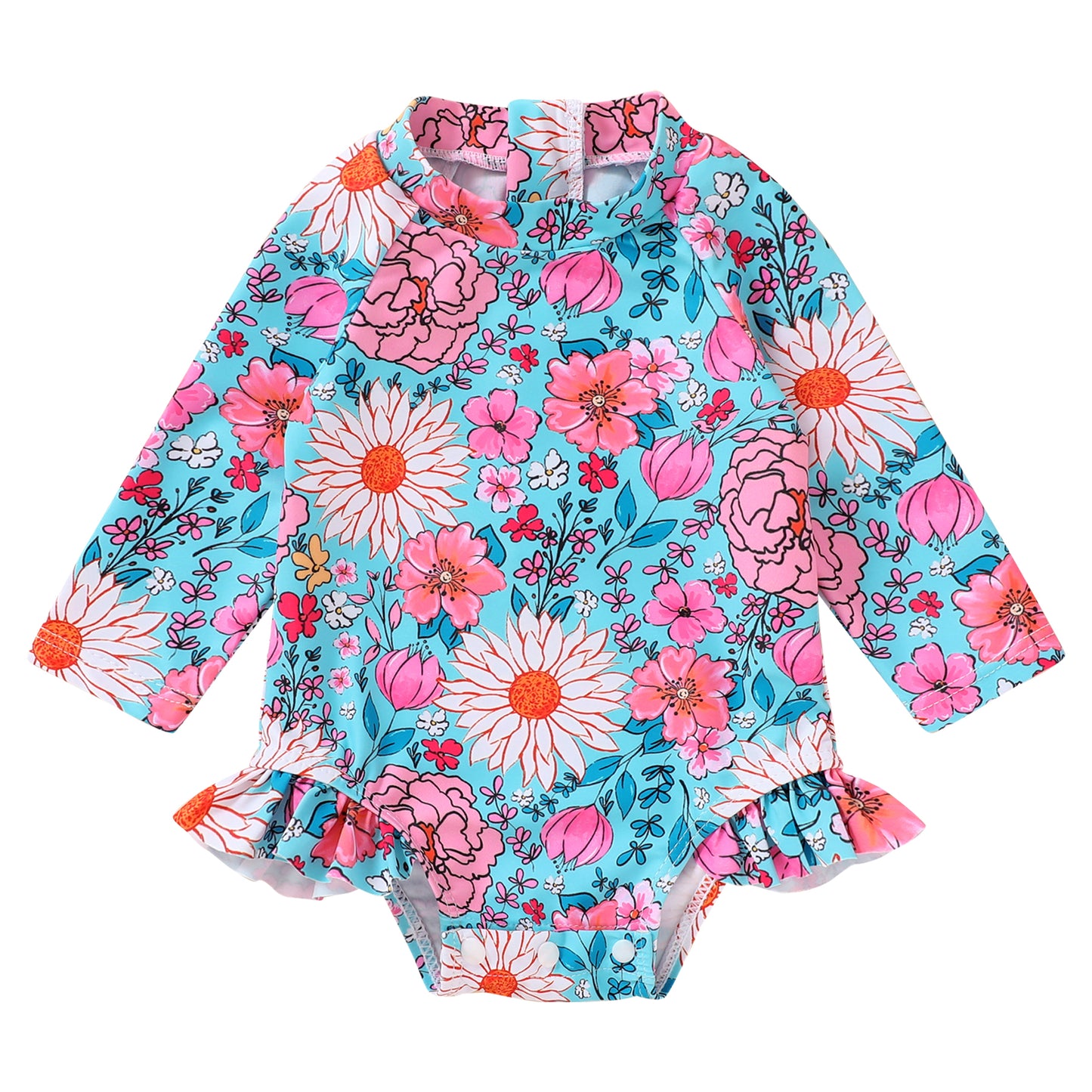 Happy Town Newborn Baby Girls Swimsuit Summer One-Piece Long Sleeve Floral Bathing Suit