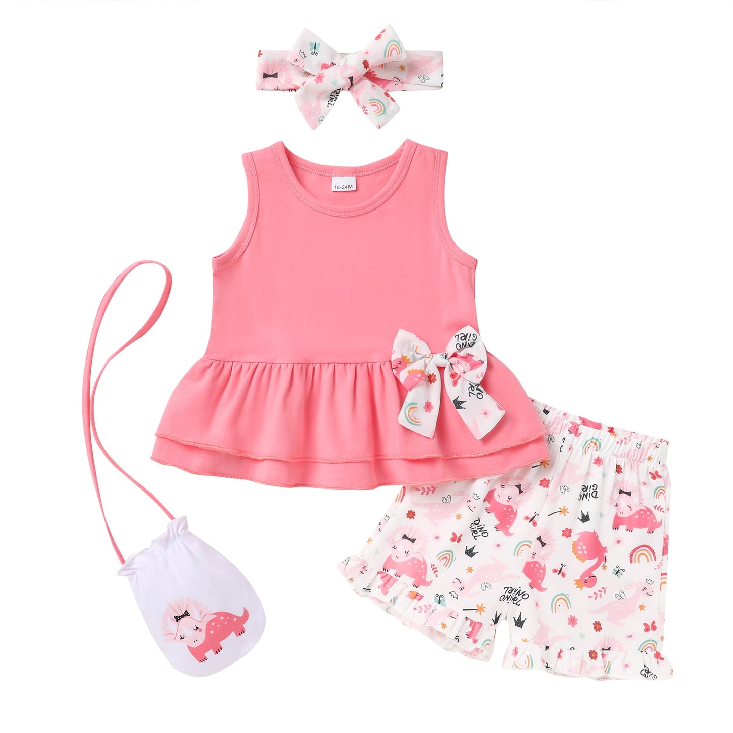 Younger Tree Baby Girl Outfits Summer Sleeveless Bow Vest Top Print Shorts Clothes Set with Bag and Headband12-18 Months