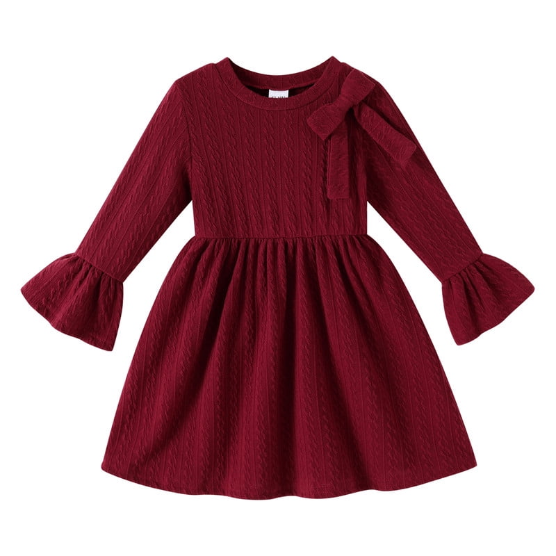 Happy Town Toddler Girls Fall Winter A?Line Long Sleeve Dress Bow Ruffle Cuffs Party Dress for Little Kids