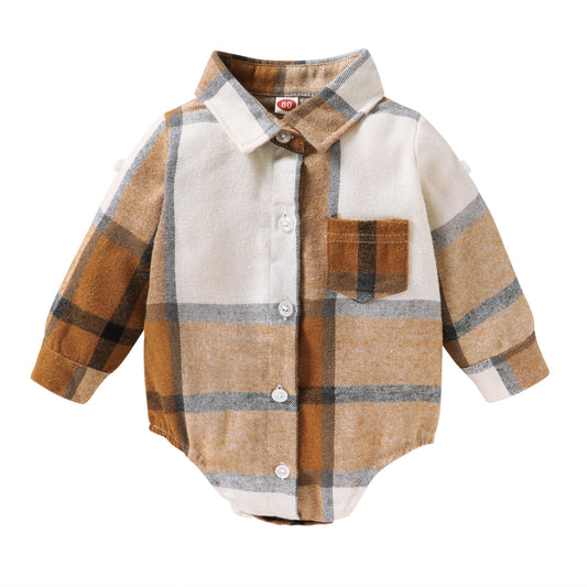 Younger Tree Newborn Baby Boy Girls Plaid Outfit Flannel Romper Tops Infant Long Sleeve Button Down Plaid Casual Bodysuit Clothes