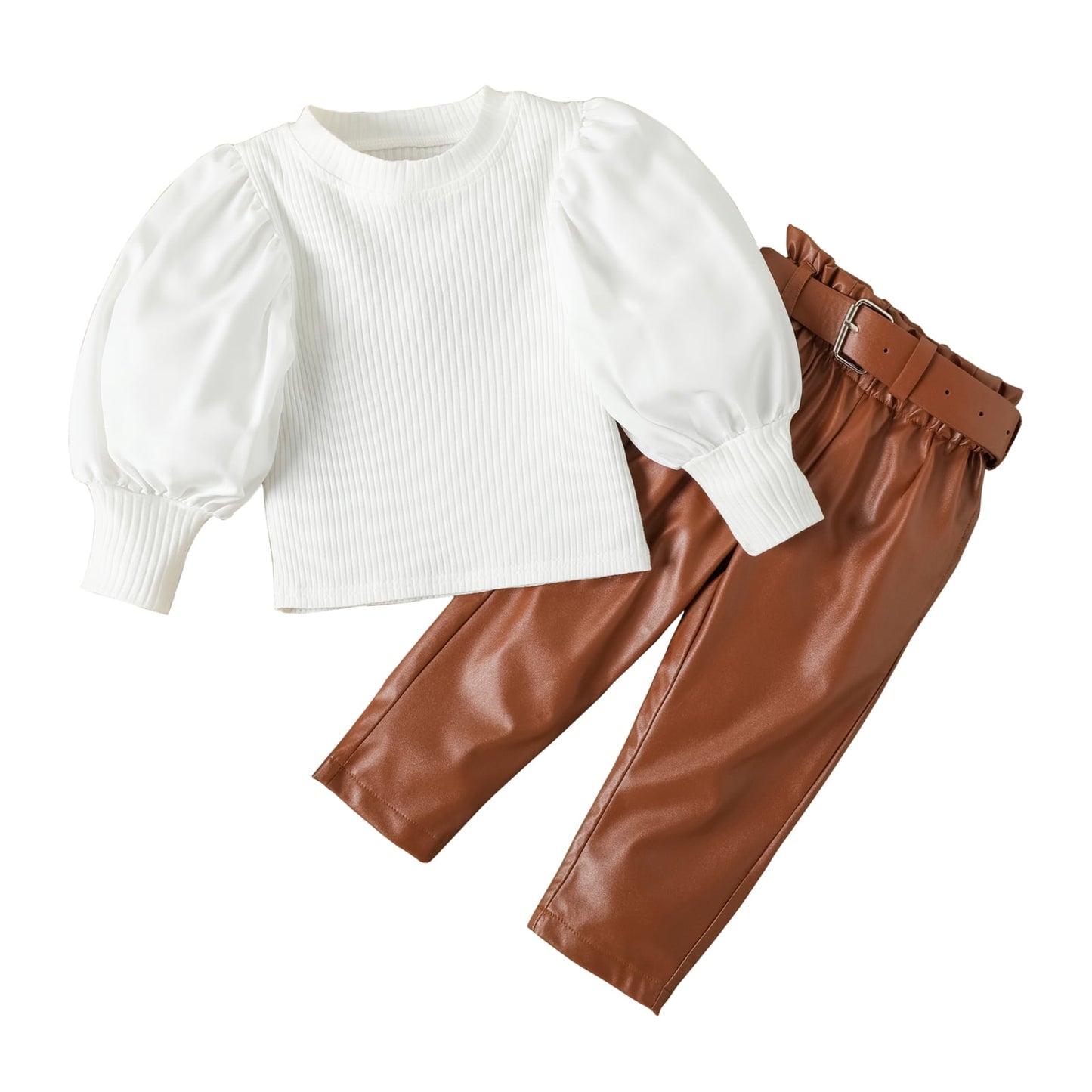 Younger Tree Baby Girls Fashion Clothes Outfits Kid Puff Sleeve Knitted Top Leather Pants Fall Winter Set