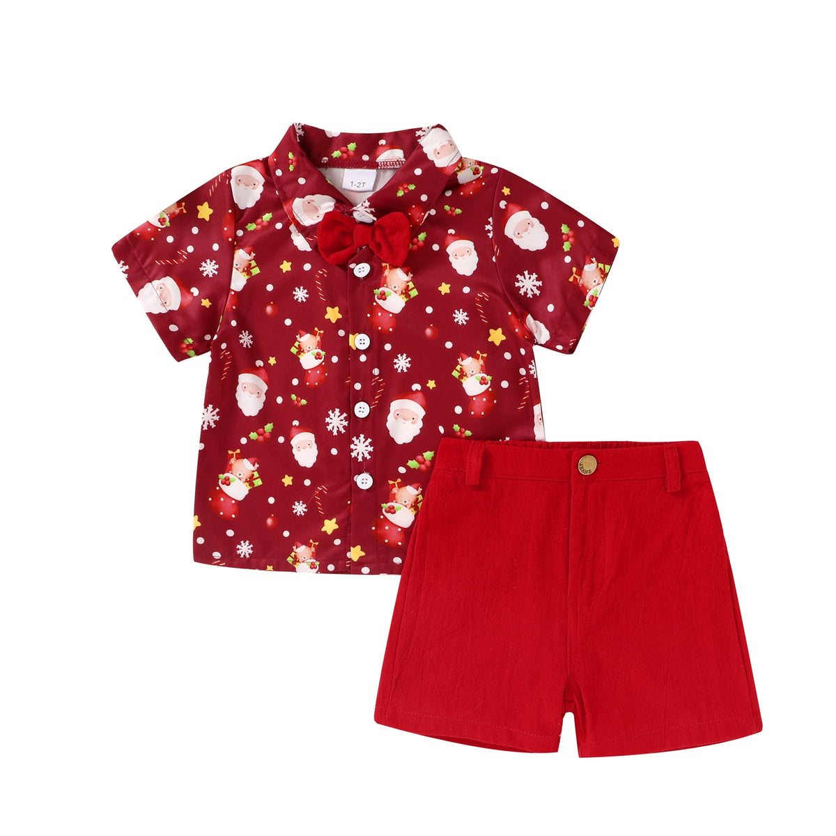Happy Town Toddler Boy Christmas Outfit Santa Print Button Down Shirt & Shorts Set 2 Piece Baby Boy Clothes
