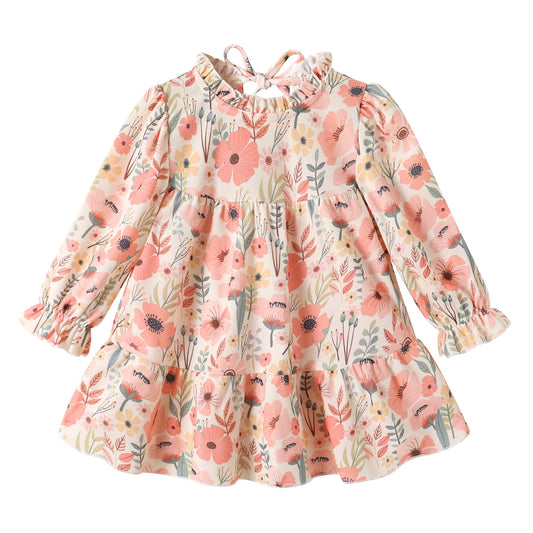 Happy Town Toddler Baby Girls Dress Floral Ruffled Dress Girls Casual Fall Winter Clothes