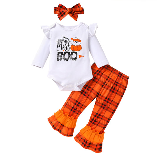 Younger Tree Baby Halloween Outfits Toddler Girl Long Sleeve Pumpkin Romper Top Pants with Headband Clothes Set
