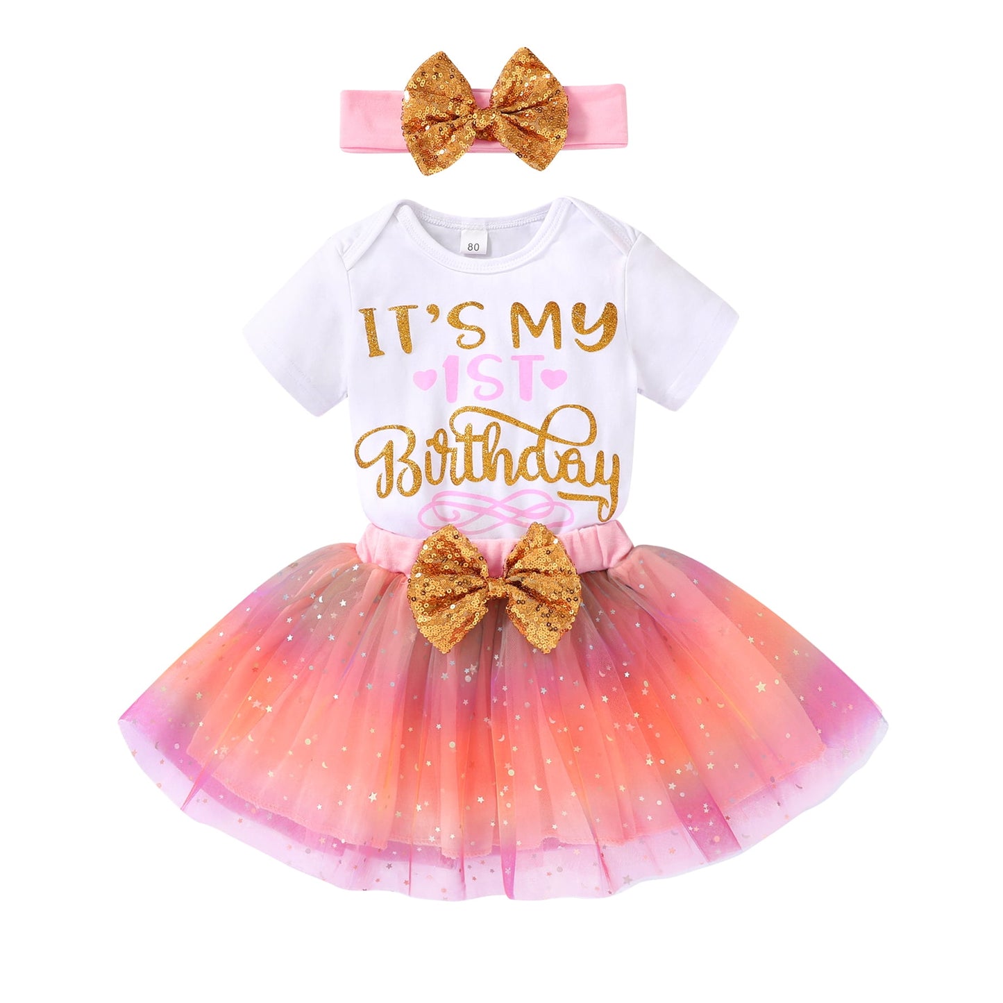 Younger Tree Newborn Baby Girls My 1st Birthday Dress Infant Pink Shiny Printed Sequin Bowknot Tutu Princess Dress