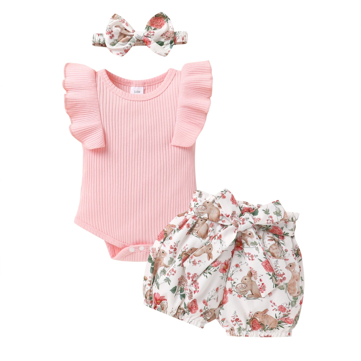 Younger Tree Toddler Baby Girl Summer Short Sleeve Romper Easter Rabbit Shorts Headband Clothes Outfits Set0-3 Months