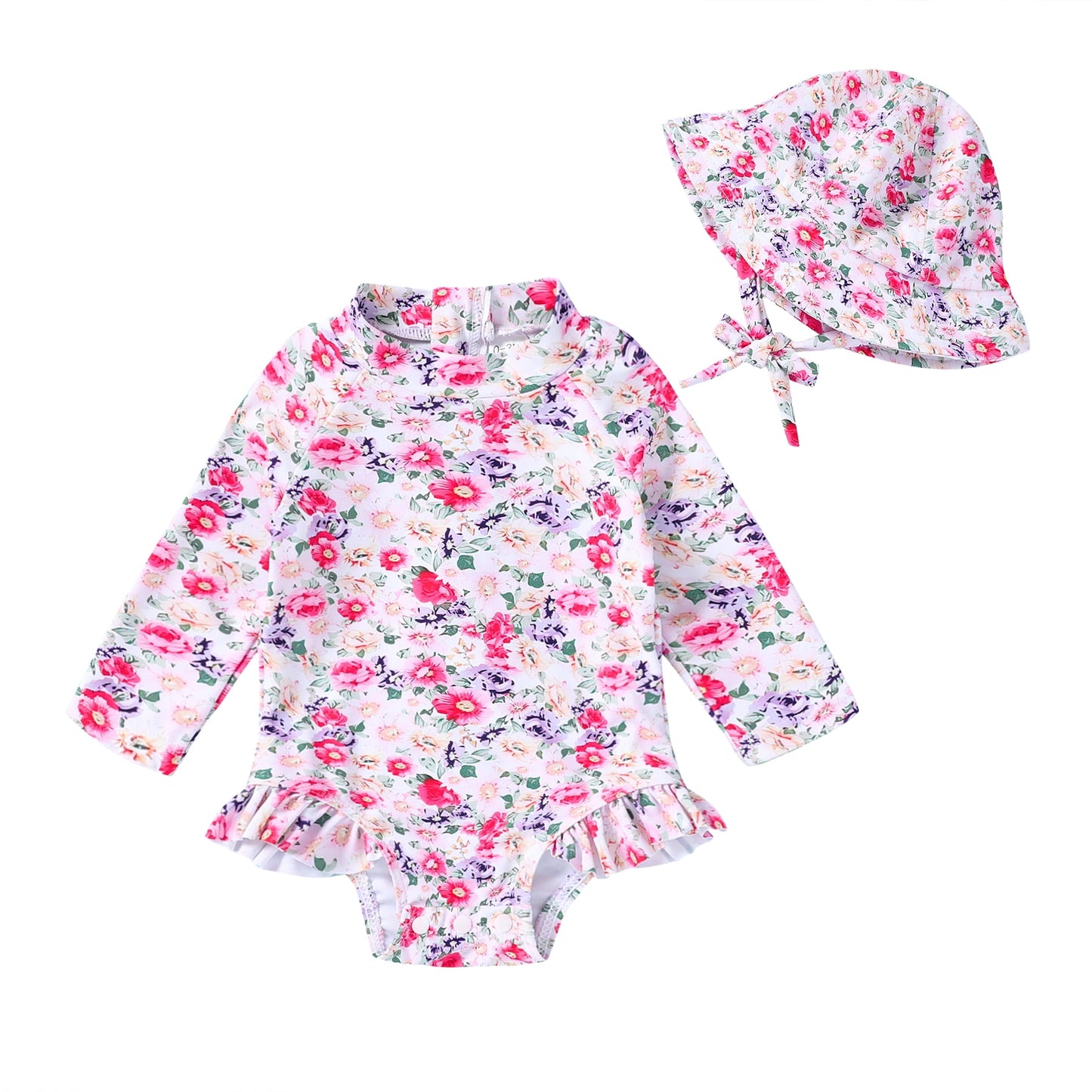 Younger Tree Baby Girl Swimsuit Long Sleeve Rash Guard One Piece Swimwear Hat Bathing Suit Set