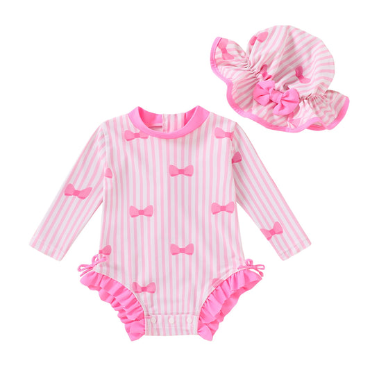Tiny Cutey Toddler Girl Swimsuit Baby Long Sleeve One-Piece Rash Guard Bathing Suit with Hat