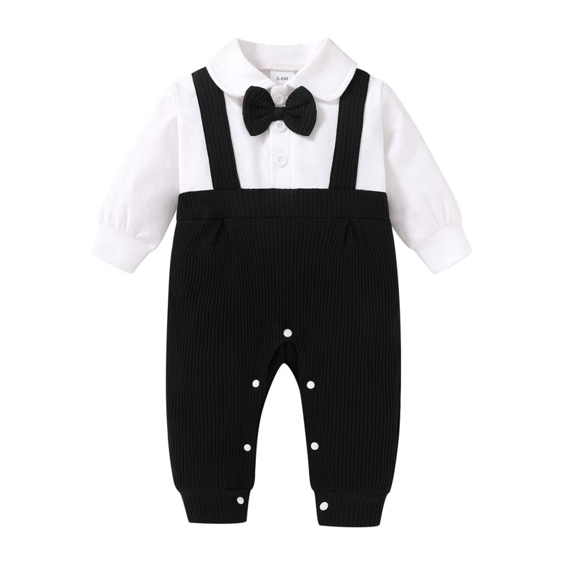 Happy Town Baby Boy Gentleman Romper Long Sleeve Bow Tie One Piece Outfit Newborn Boy 0-12M Clothes