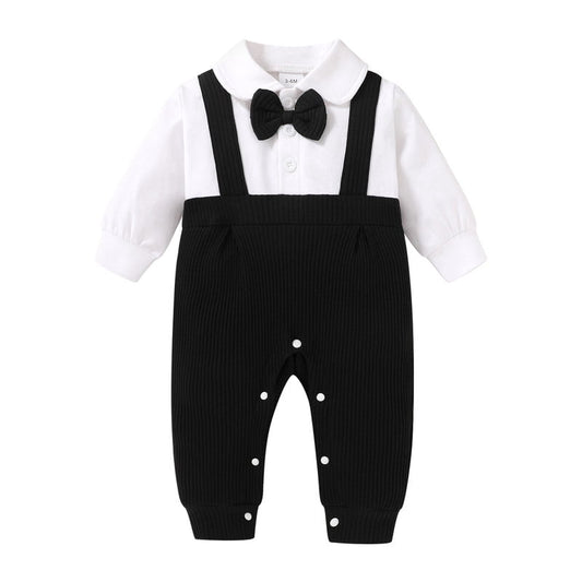 Happy Town Baby Boy Gentleman Romper Long Sleeve Bow Tie One Piece Outfit Newborn Boy 0-12M Clothes