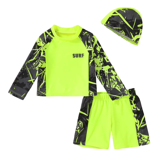 Tiny Cutey Toddler Boys Swimsuit Baby Long Sleeve Top Shorts Trunks Bathing Suit Set Swimwear Outfit with Hat