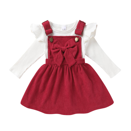 Younger Tree Toddler Baby Girl Fall Dress Outfit Long Sleeve Top Strap Dress Overall with Pocket Clothes Set