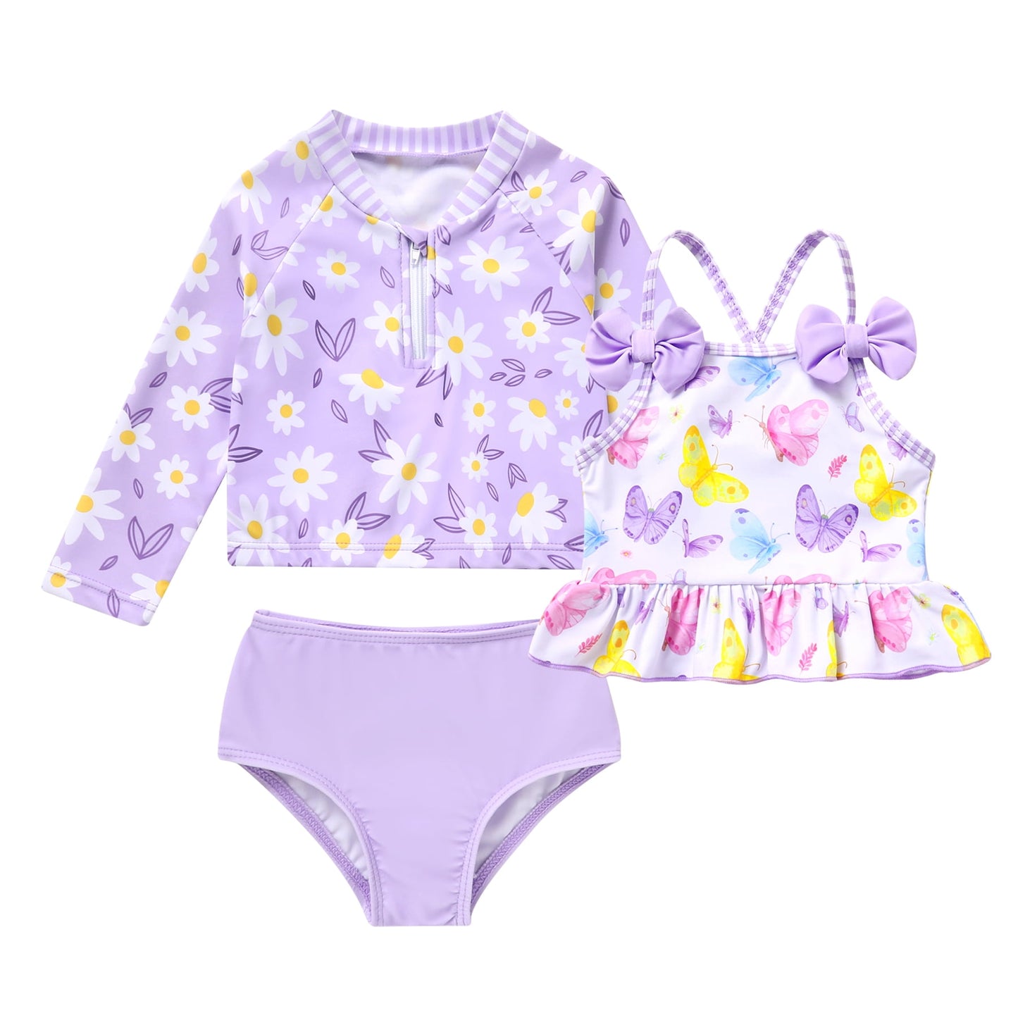 Tiny Cutey Toddler Girl Swimsuit Baby Long Sleeve Rashguard Top and Tankini Bathing Suit 3 Piece Set