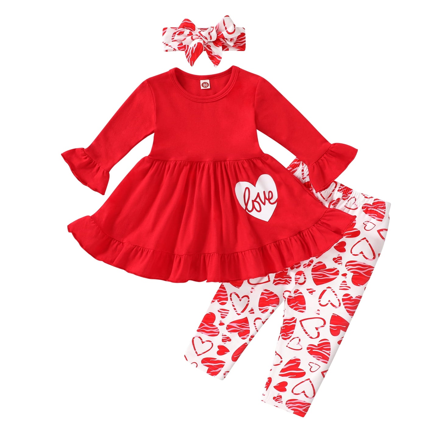 Younger Tree Valentine's Day Outfit Toddler Baby Girl Long Sleeve Dress Heart Print Pants Set with Headband
