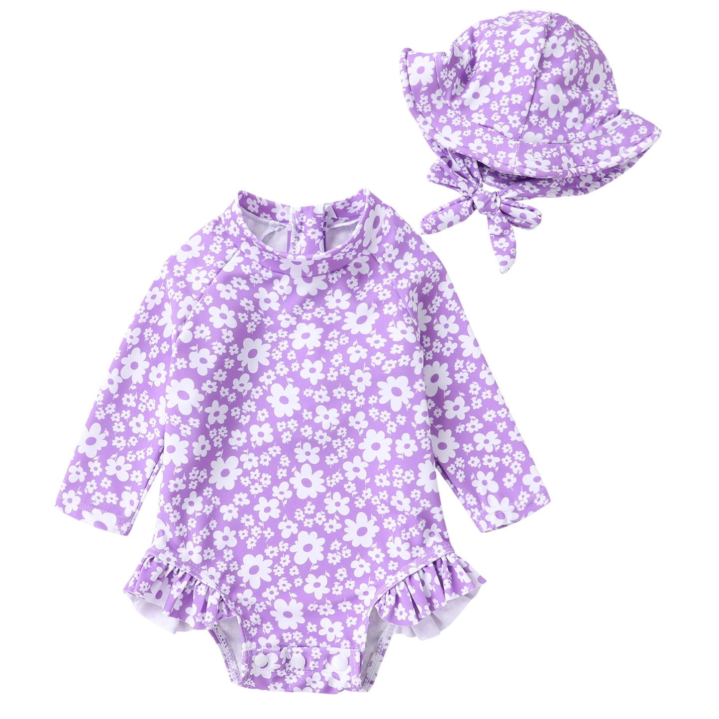 Younger Tree Infant Baby Girl One-Piece Swimsuit Long Sleeve Rash Guard Swimwear Hat Bathing Suit Set