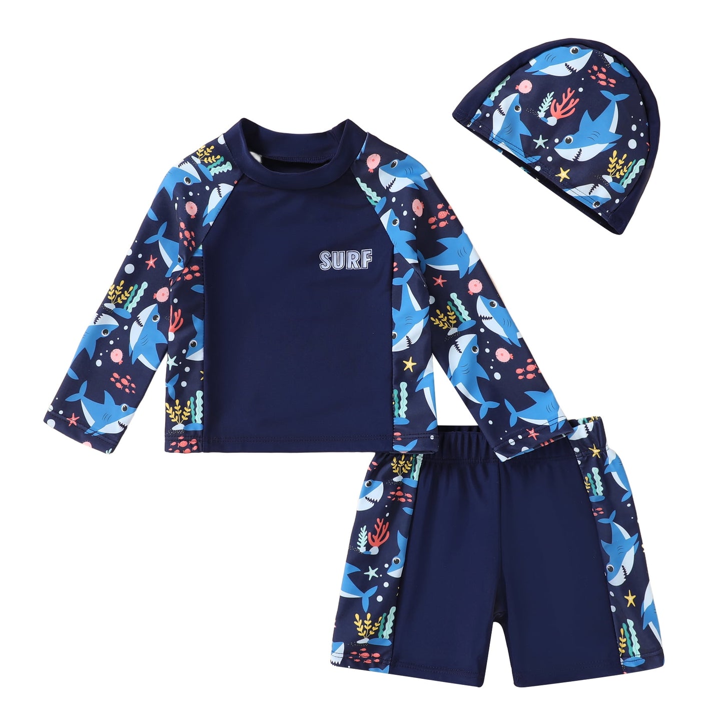 Tiny Cutey Toddler Boys Swimsuit Baby Long Sleeve Top Shorts Trunks Bathing Suit Set Swimwear Outfit with Hat