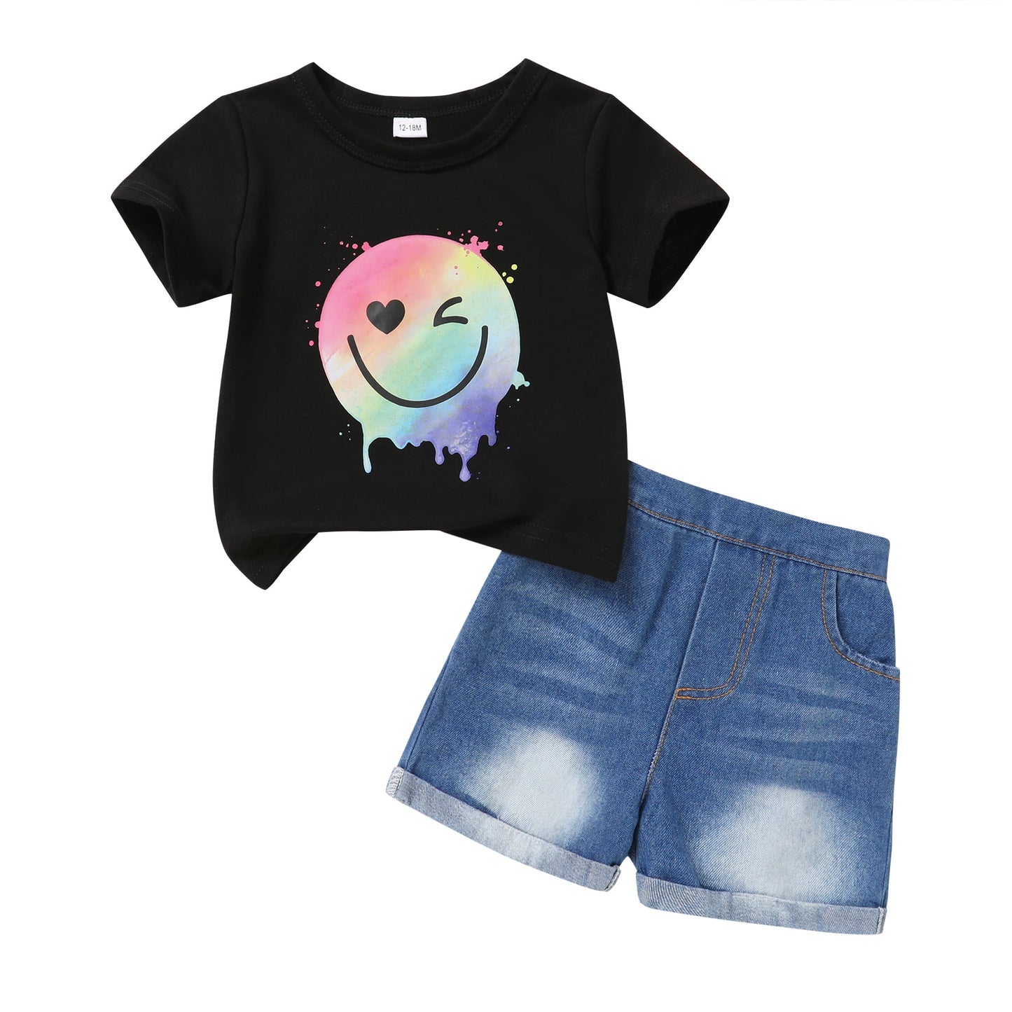 Younger Tree Baby Girl Shorts Outfit Kid Summer Print T-Shirt Denim Shorts Clothes Set