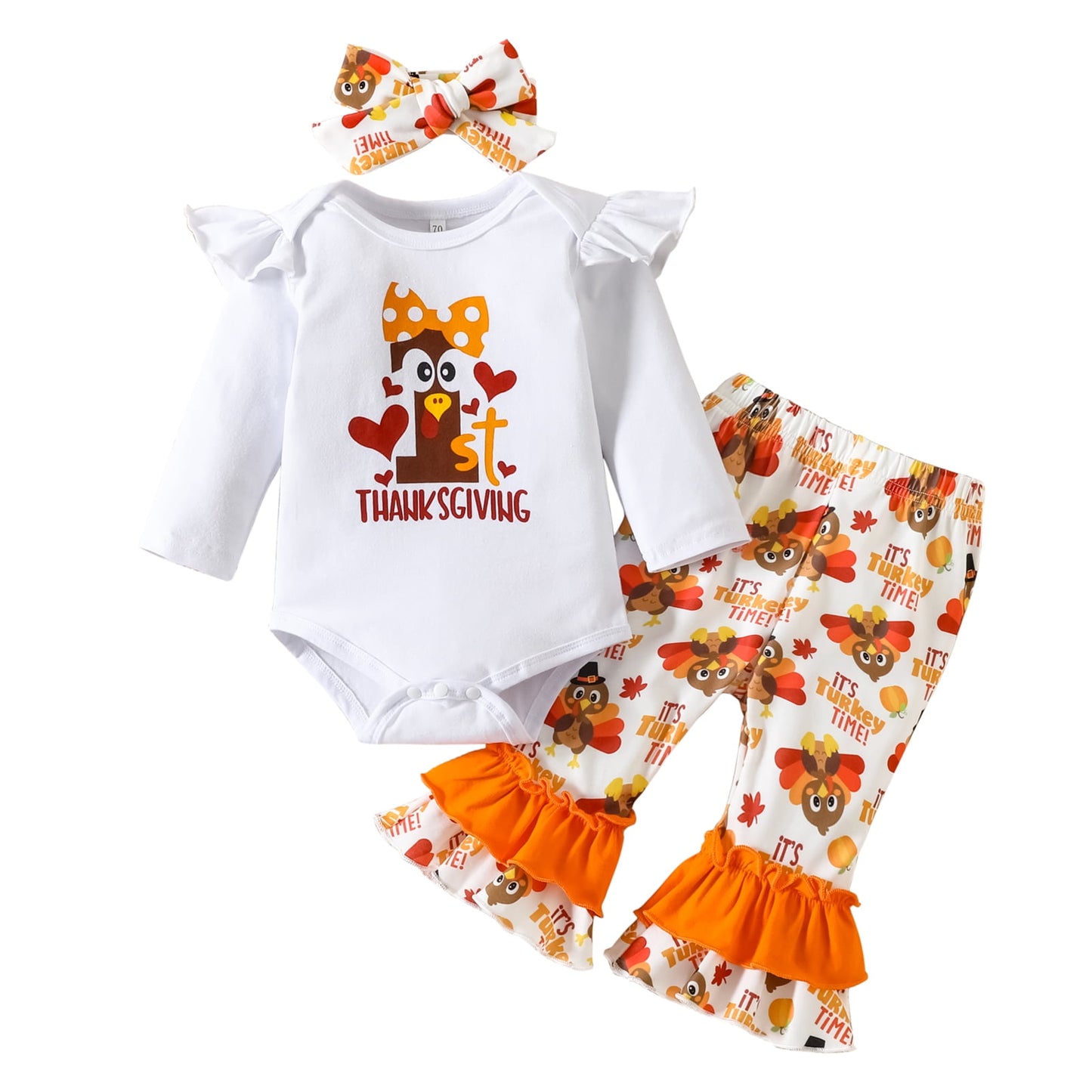 Younger Tree Thanksgiving Baby Girl Outfit My 1st Thanksgiving Romper Turkey Flared Pants+Headband 3Pcs Clothes Set