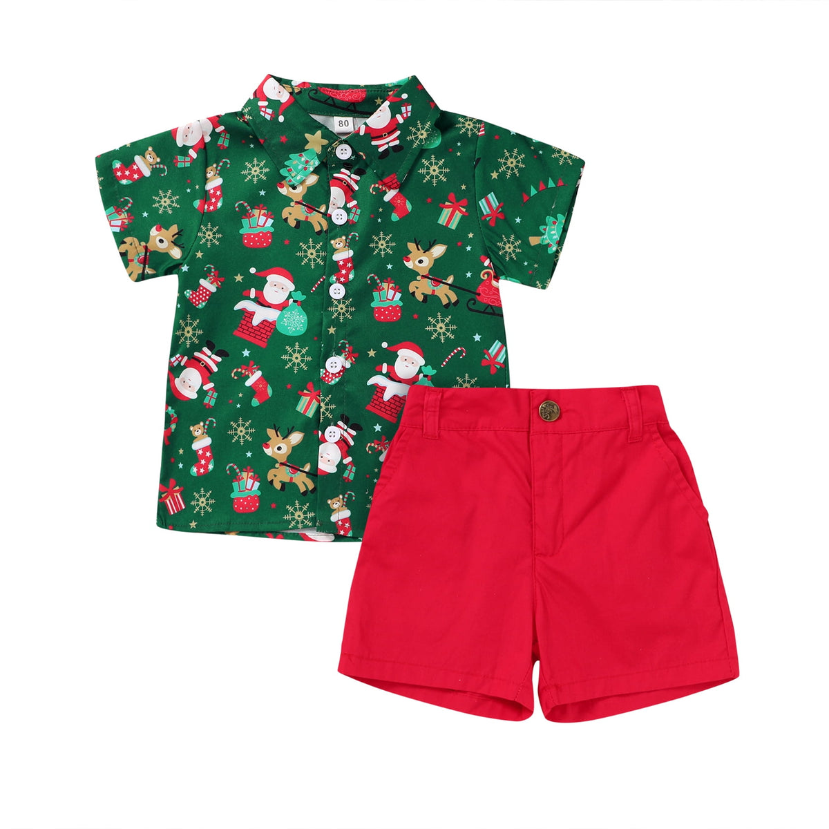 Happy Town Toddler Boy Christmas Outfit Santa Print Button Down Shirt & Shorts Set 2 Piece Baby Boy Clothes